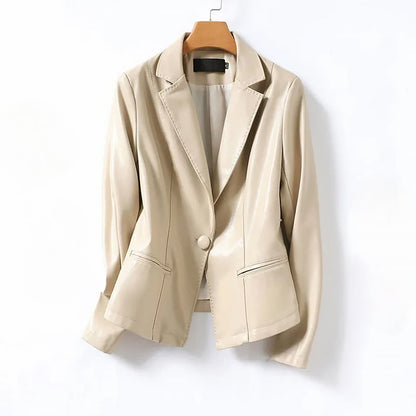 Women’s Genuine Leather Single-Breasted Blazer Jacket