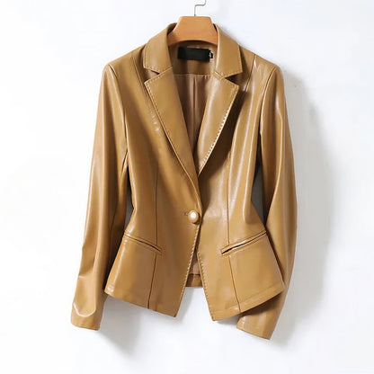 Women’s Genuine Leather Single-Breasted Blazer Jacket