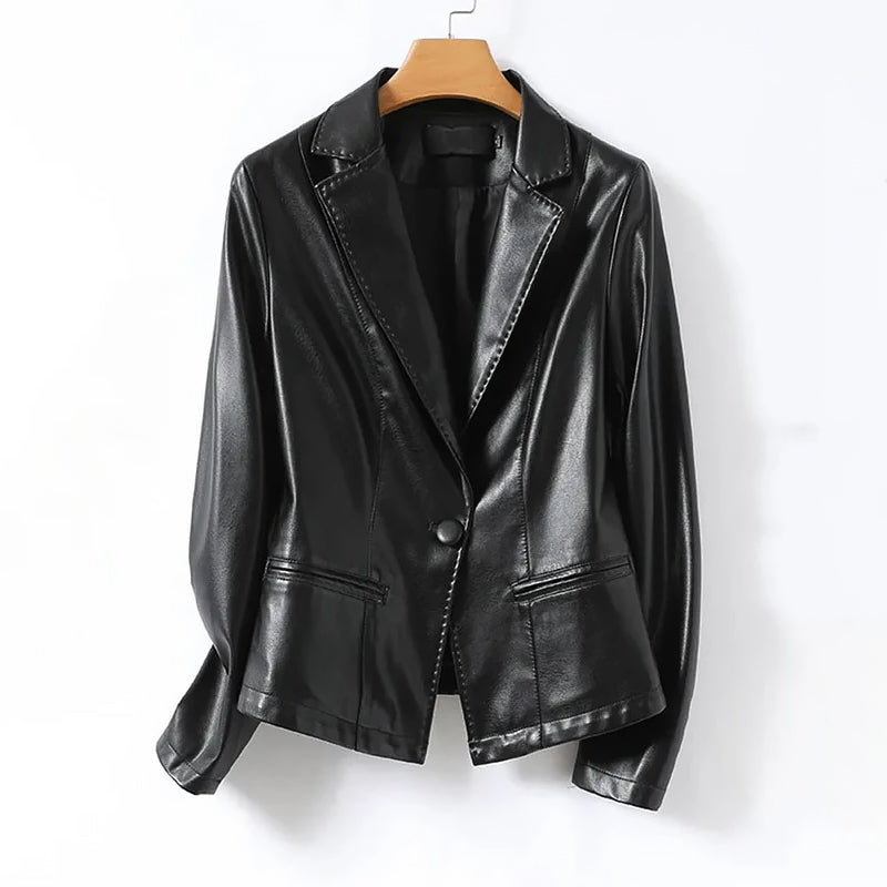 Women’s Genuine Leather Single-Breasted Blazer Jacket