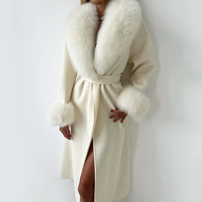 Women’s Long Wrap Coat with Faux Fur Trim