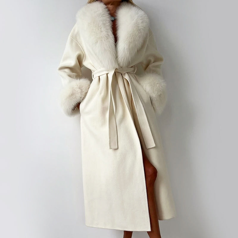 Women’s Long Wrap Coat with Faux Fur Trim