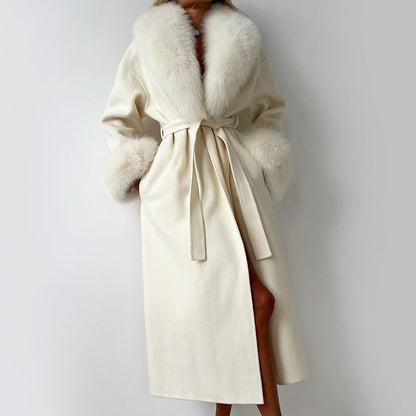Women’s Long Wrap Coat with Faux Fur Trim
