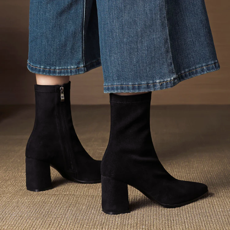 Women’s Suede Leather Ankle Boots with Block Heel