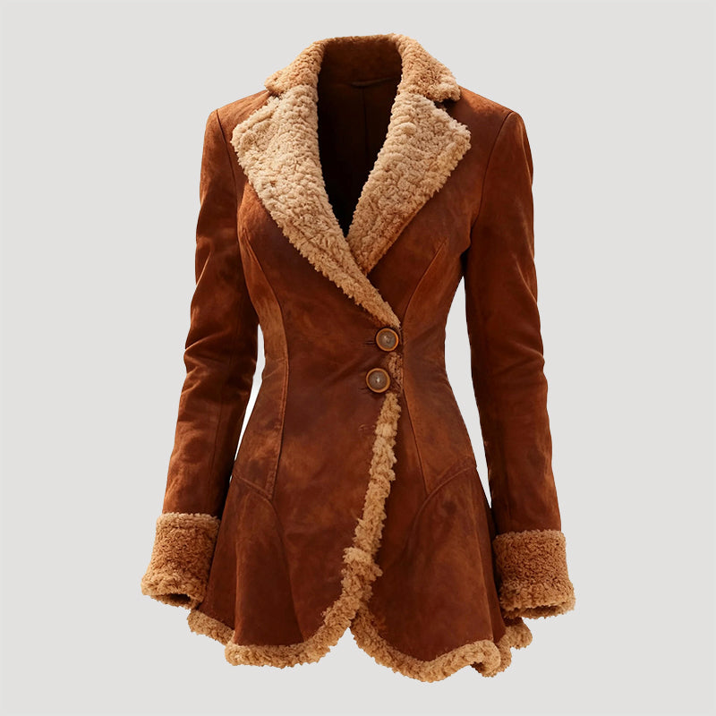 Women’s Tailored Faux Suede Coat with Faux Fur Edging